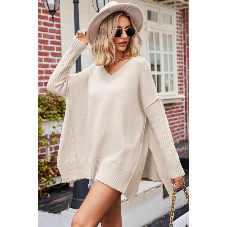 V-Neck Dropped Shoulder Ribbed Long Sleeve Sweater