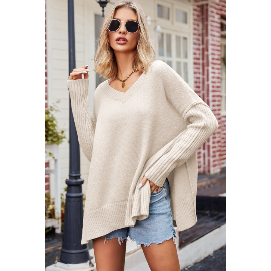 V-Neck Dropped Shoulder Ribbed Long Sleeve Sweater