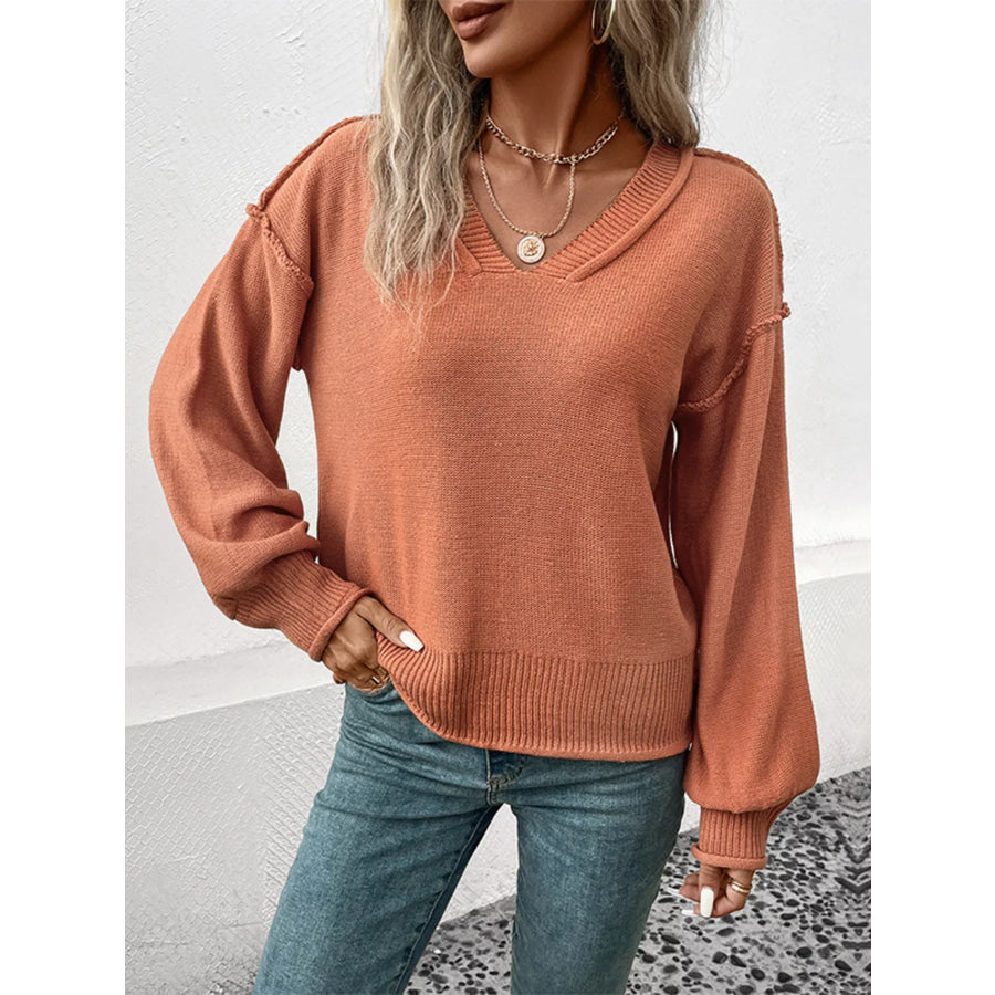 V-Neck Dropped Shoulder Sweater Ochre / S Apparel and Accessories