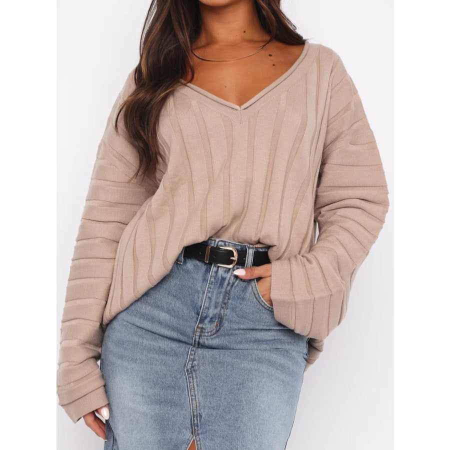 V-Neck Dropped Shoulder Sweater Apricot / One Size Apparel and Accessories