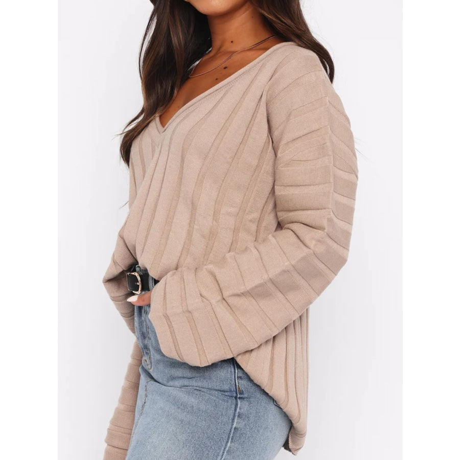 V-Neck Dropped Shoulder Sweater Apricot / One Size Apparel and Accessories