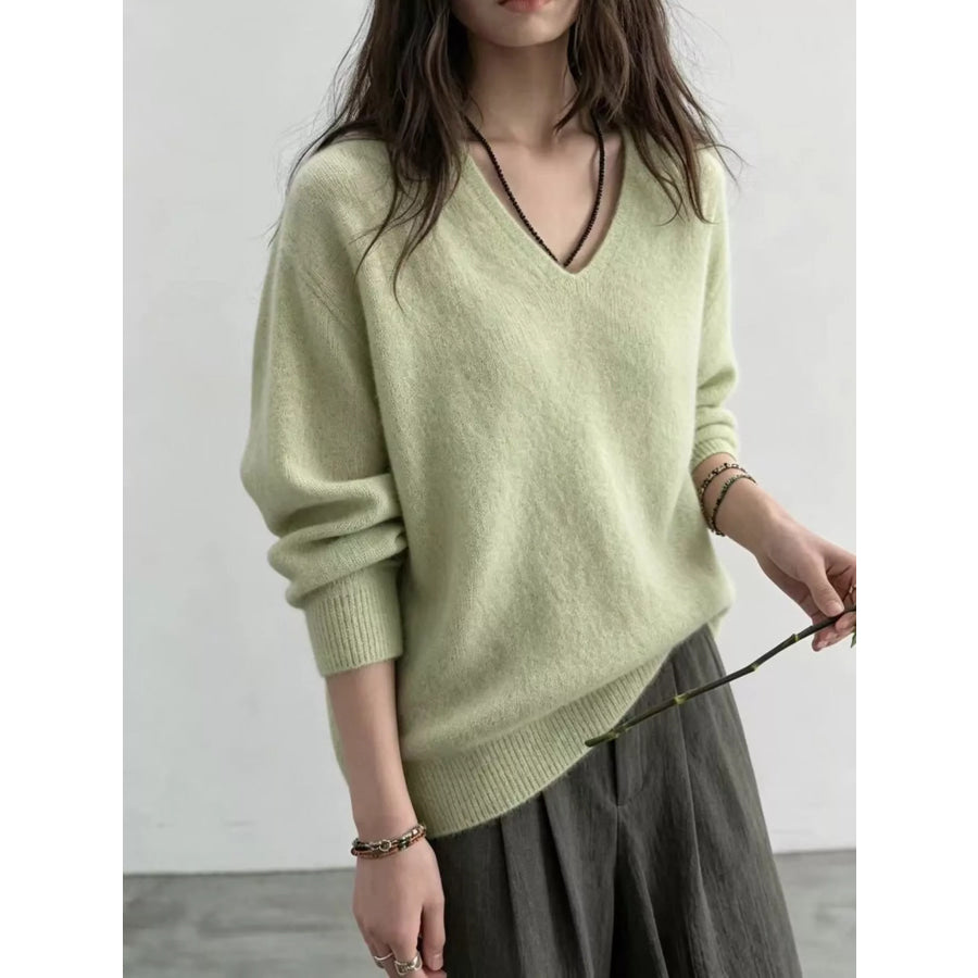 V-Neck Dropped Shoulder Sweater Avocado Green / One Size Apparel and Accessories