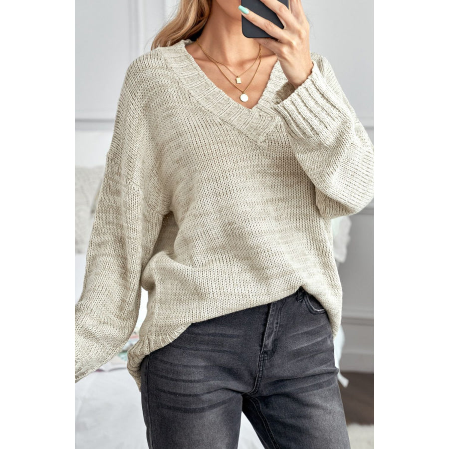 V-Neck Dropped Shoulder Sweater Beige / S Apparel and Accessories