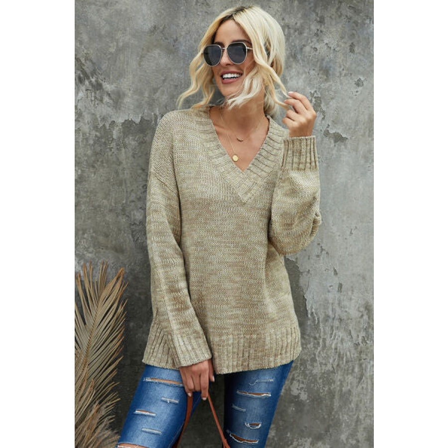 V-Neck Dropped Shoulder Sweater Beige / S Clothing