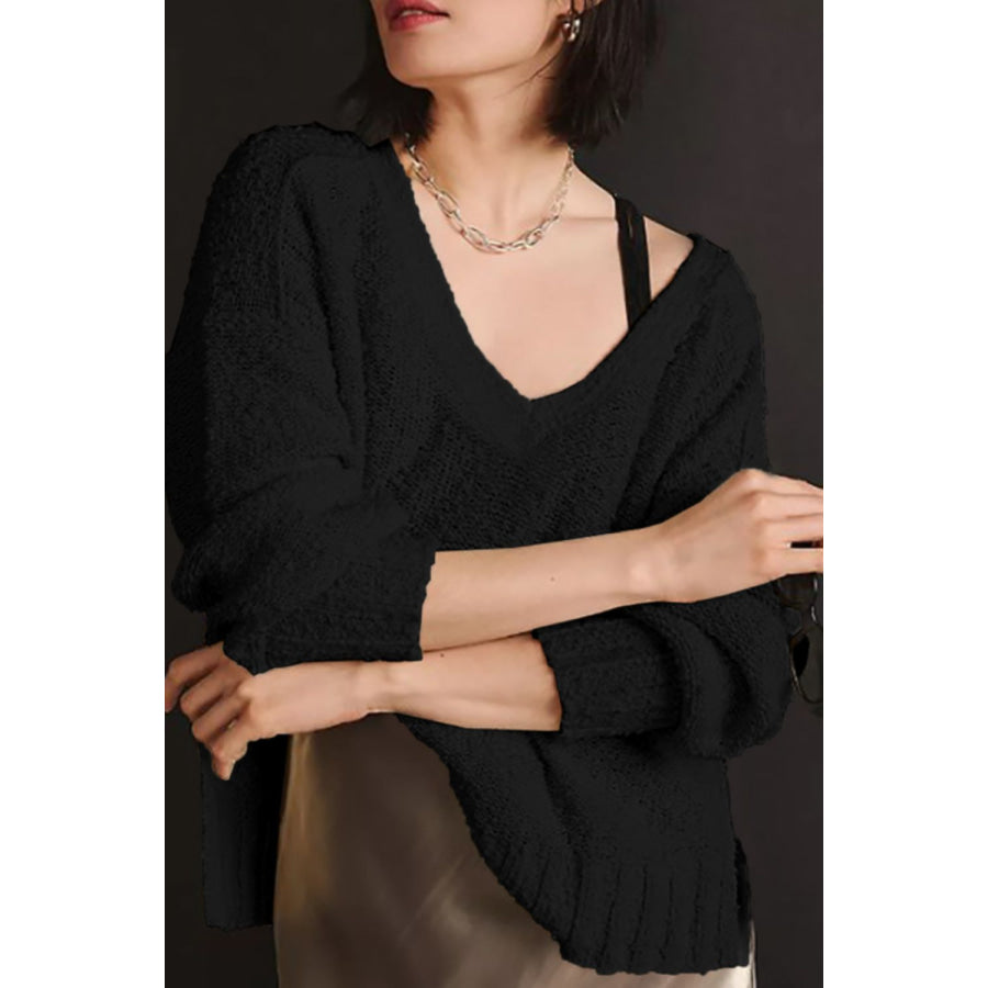 V-Neck Dropped Shoulder Sweater Black / S Apparel and Accessories