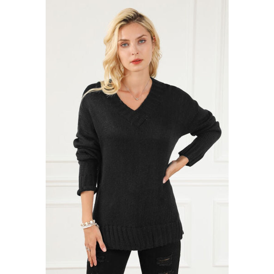 V-Neck Dropped Shoulder Sweater Black / S Clothing