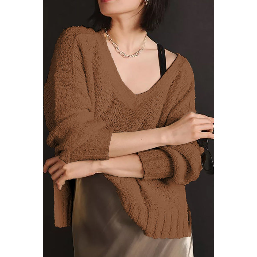 V-Neck Dropped Shoulder Sweater Camel / S Apparel and Accessories