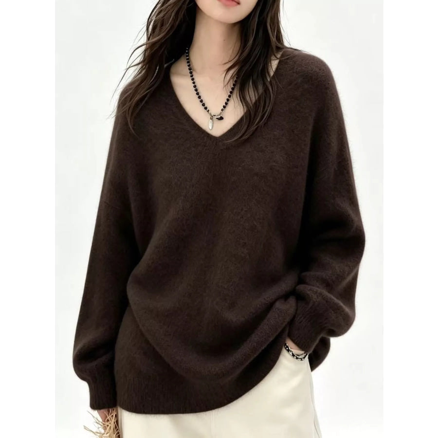 V-Neck Dropped Shoulder Sweater Caramel Brown / One Size Apparel and Accessories
