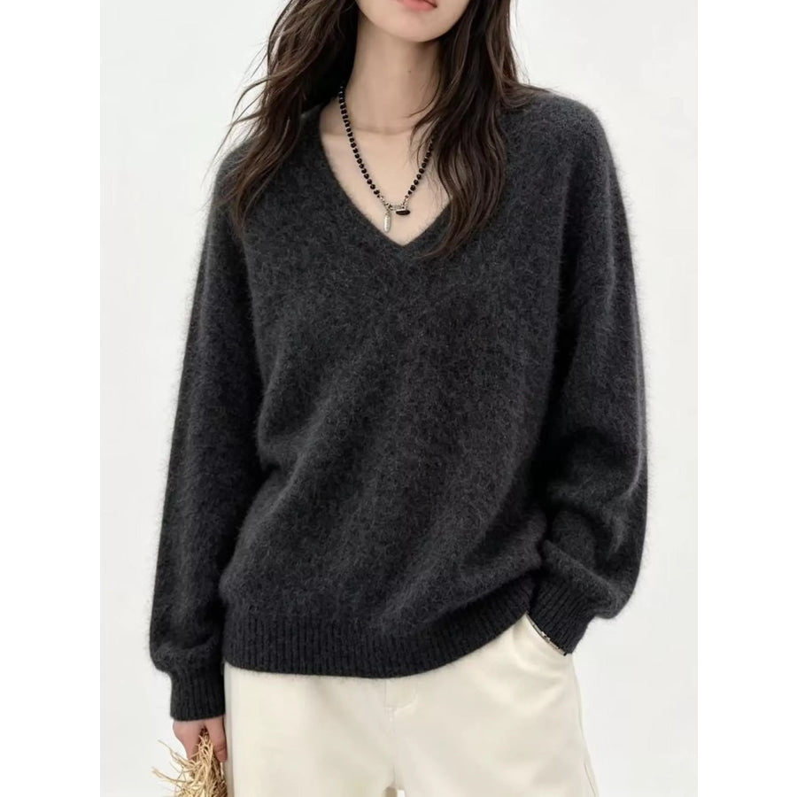 V-Neck Dropped Shoulder Sweater Charcoal Mist Gray / One Size Apparel and Accessories