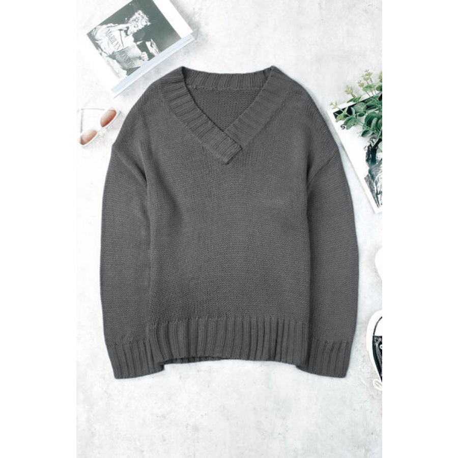 V-Neck Dropped Shoulder Sweater Charcoal / S Clothing