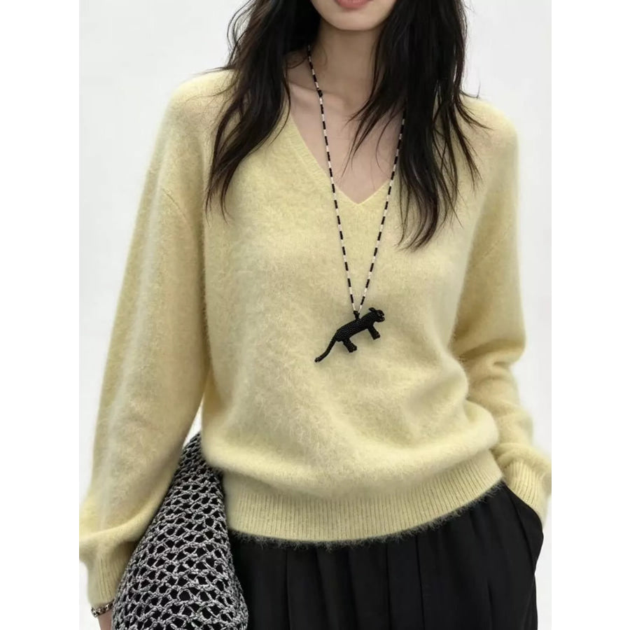 V-Neck Dropped Shoulder Sweater Cream Yellow / One Size Apparel and Accessories