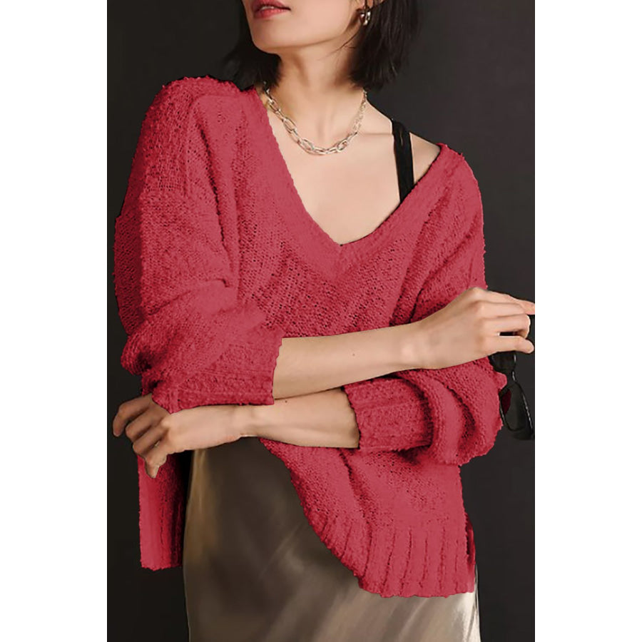 V-Neck Dropped Shoulder Sweater Deep Rose / S Apparel and Accessories