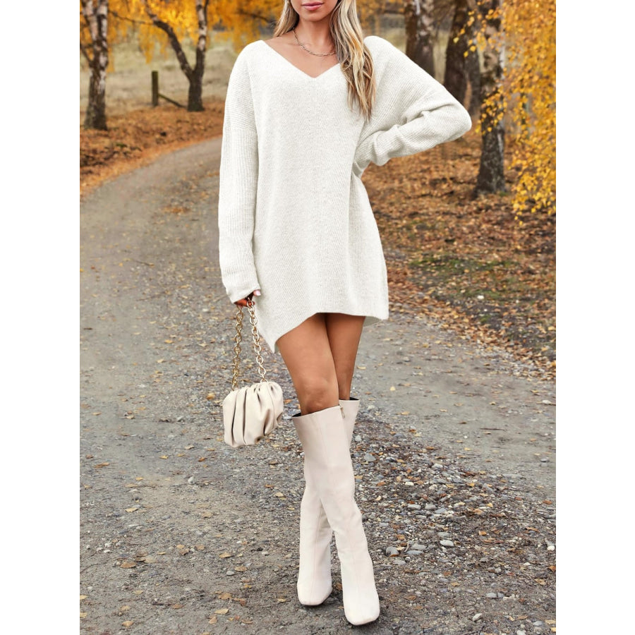 V-Neck Dropped Shoulder Sweater Dress Apparel and Accessories