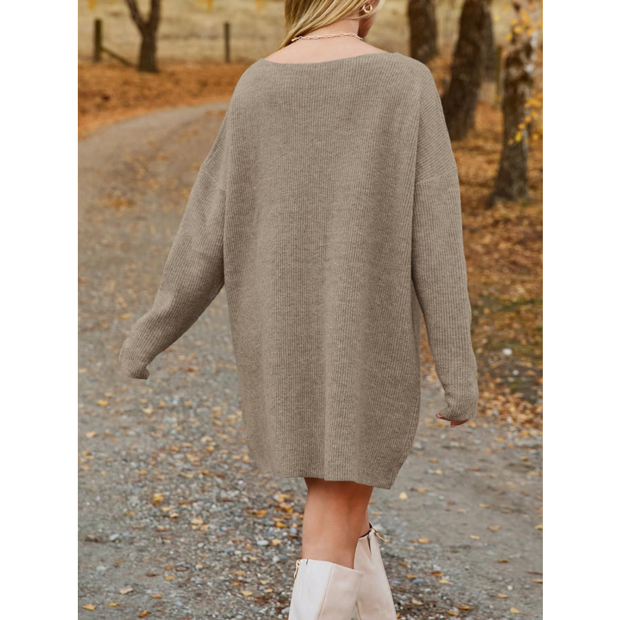 V-Neck Dropped Shoulder Sweater Dress Tan / S Apparel and Accessories