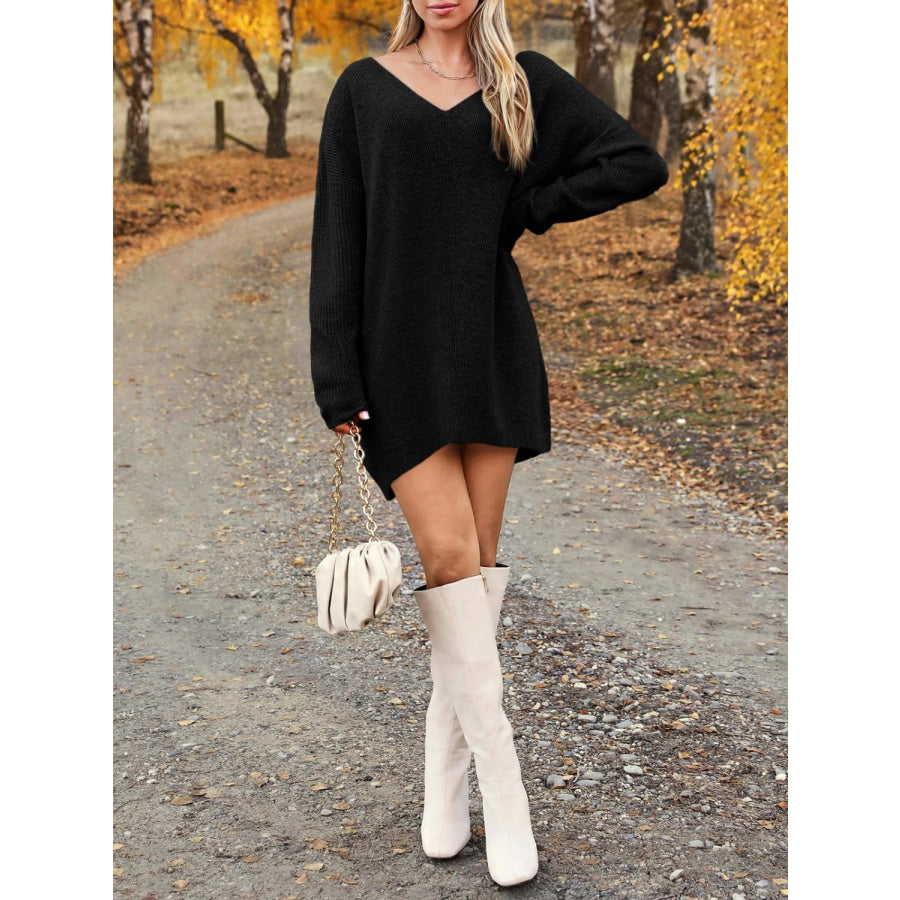 V-Neck Dropped Shoulder Sweater Dress Apparel and Accessories