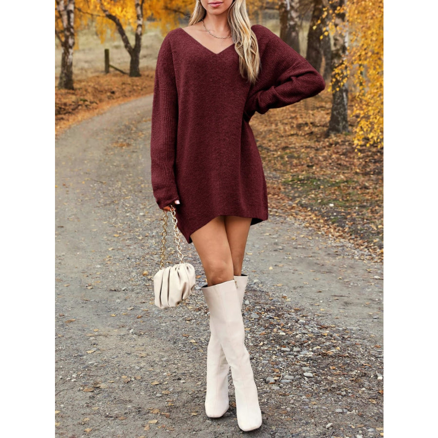 V-Neck Dropped Shoulder Sweater Dress Apparel and Accessories