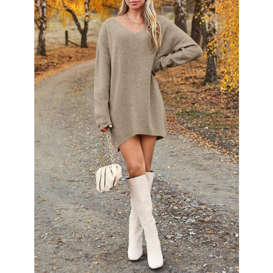 V-Neck Dropped Shoulder Sweater Dress Apparel and Accessories