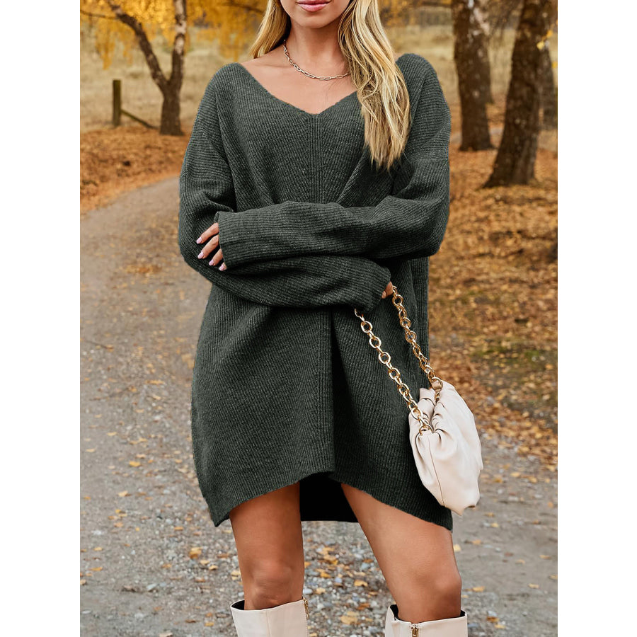 V-Neck Dropped Shoulder Sweater Dress Apparel and Accessories