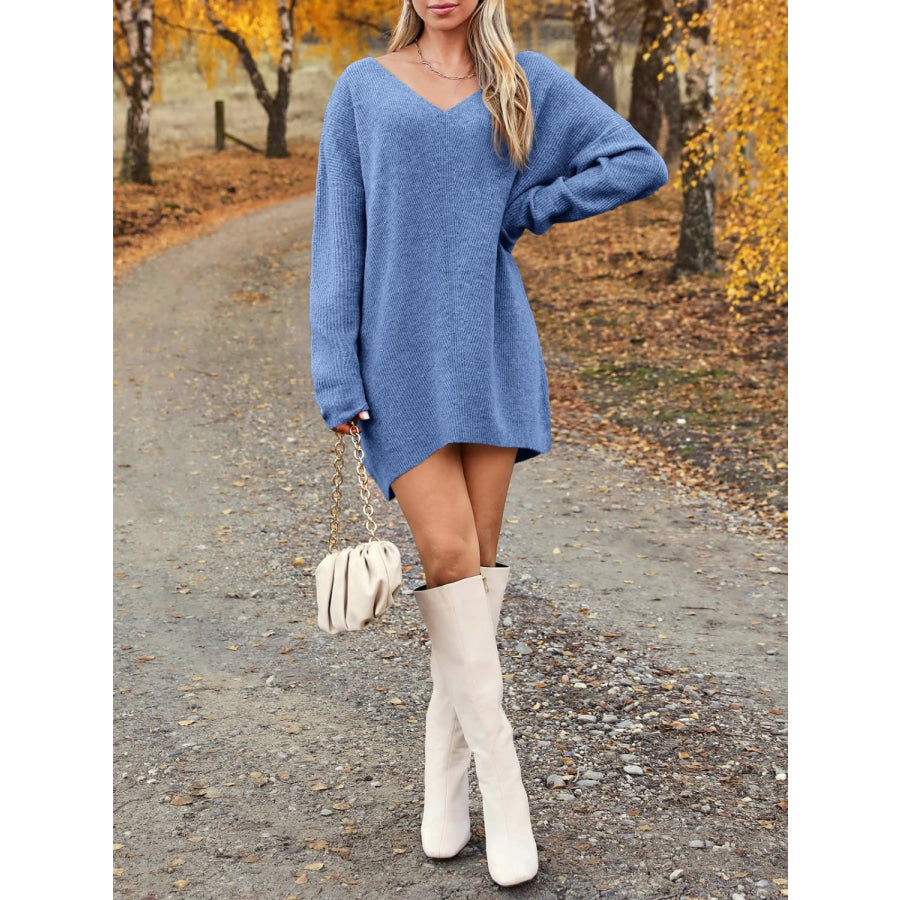 V-Neck Dropped Shoulder Sweater Dress Apparel and Accessories