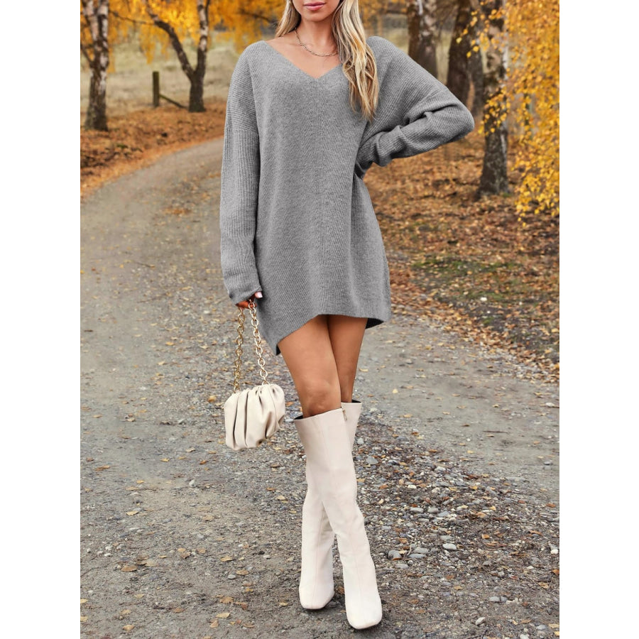 V-Neck Dropped Shoulder Sweater Dress Apparel and Accessories