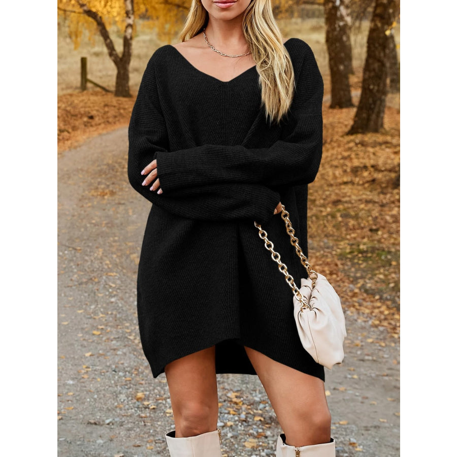 V-Neck Dropped Shoulder Sweater Dress Black / S Apparel and Accessories