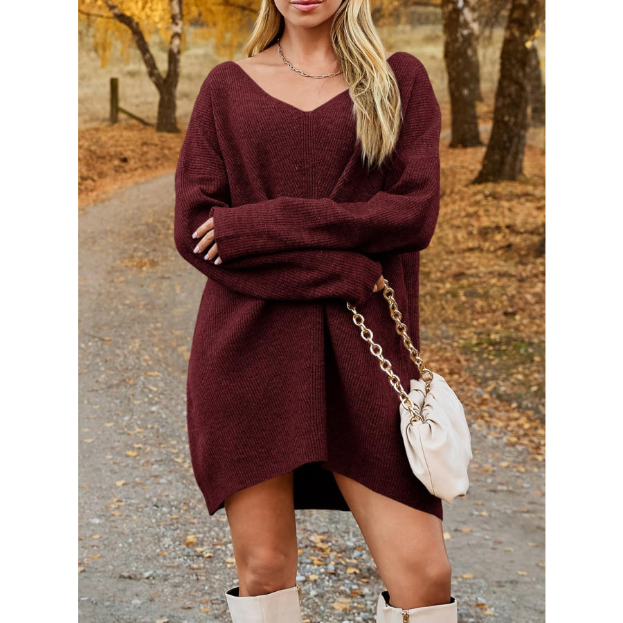 V-Neck Dropped Shoulder Sweater Dress Burgundy / S Apparel and Accessories