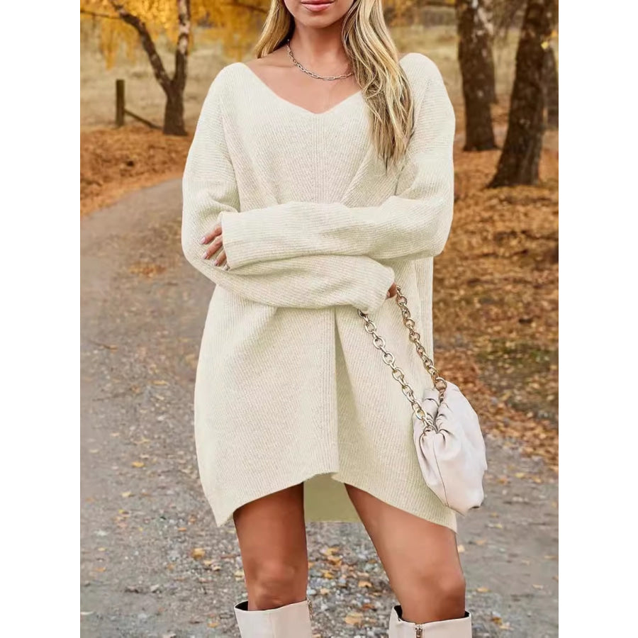 V-Neck Dropped Shoulder Sweater Dress Cream / S Apparel and Accessories