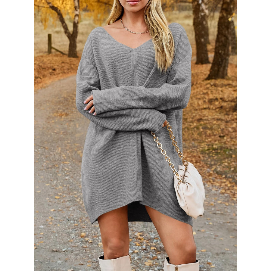 V-Neck Dropped Shoulder Sweater Dress Gray / S Apparel and Accessories