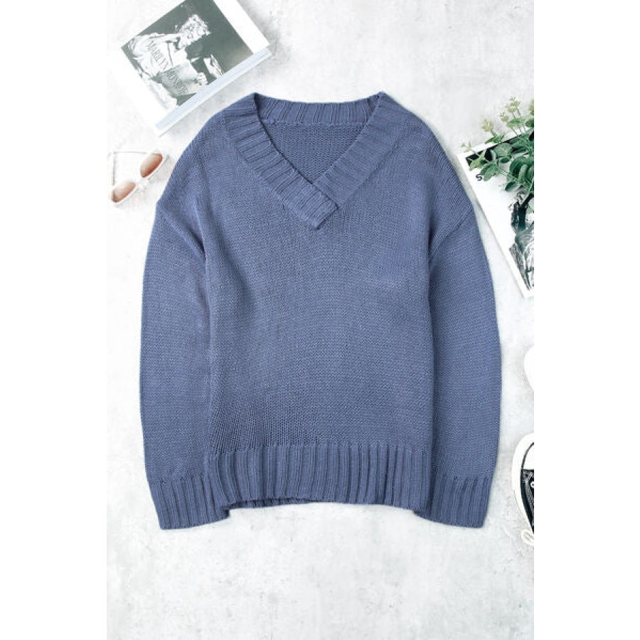 V-Neck Dropped Shoulder Sweater Dusty Blue / S Clothing