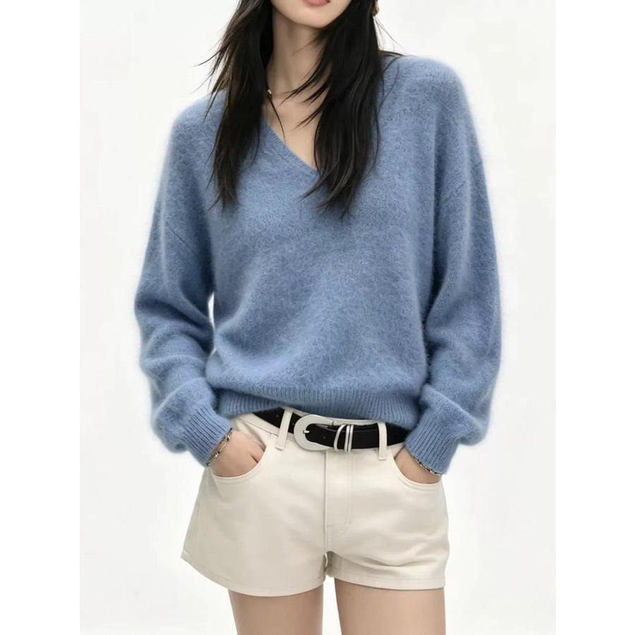 V-Neck Dropped Shoulder Sweater Dusty Lake Blue / One Size Apparel and Accessories