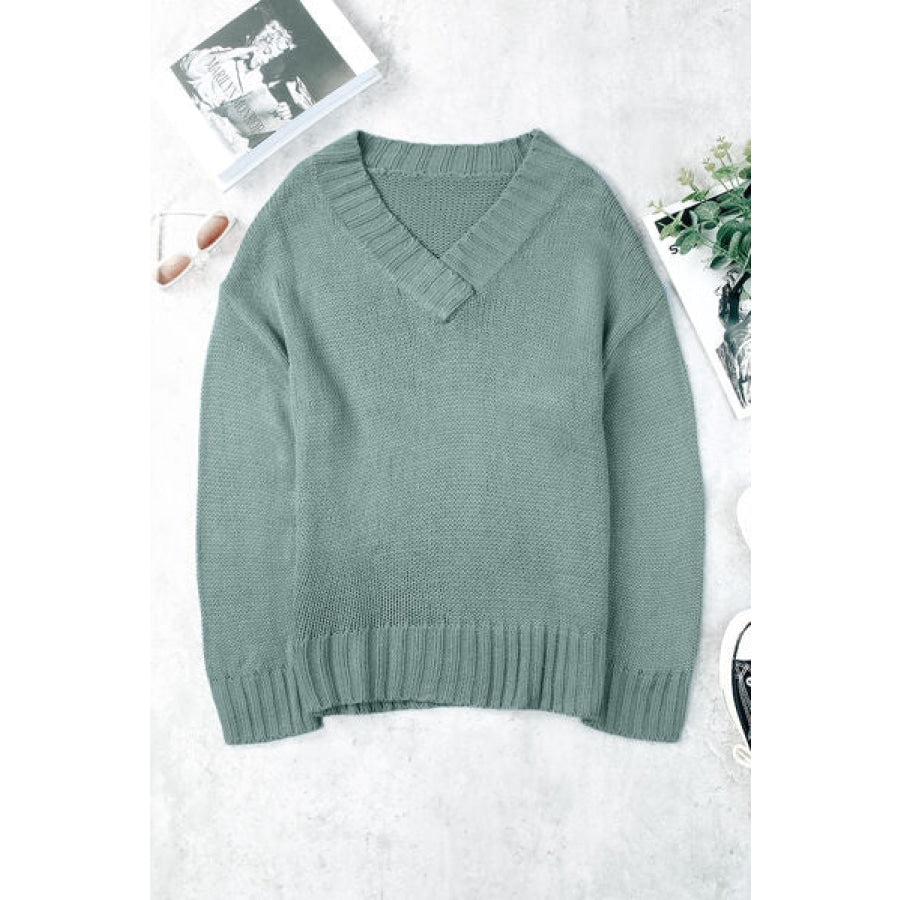 V-Neck Dropped Shoulder Sweater Gum Leaf / S Clothing