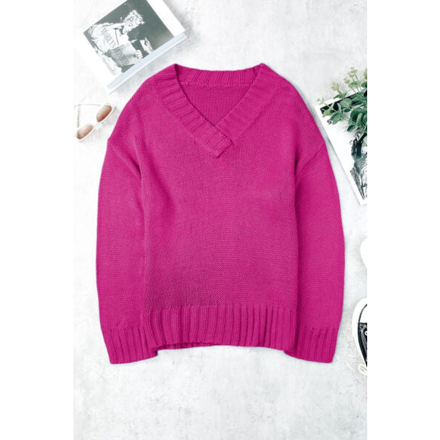 V-Neck Dropped Shoulder Sweater Hot Pink / S Clothing