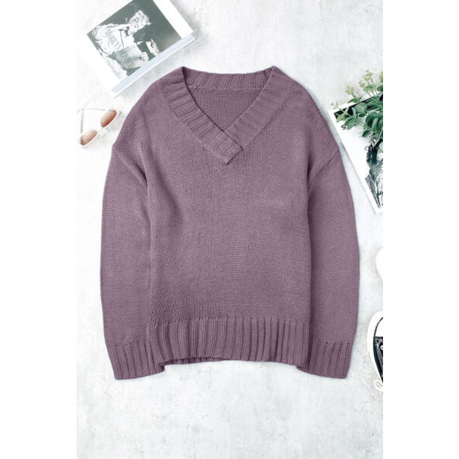 V-Neck Dropped Shoulder Sweater Lilac / S Clothing