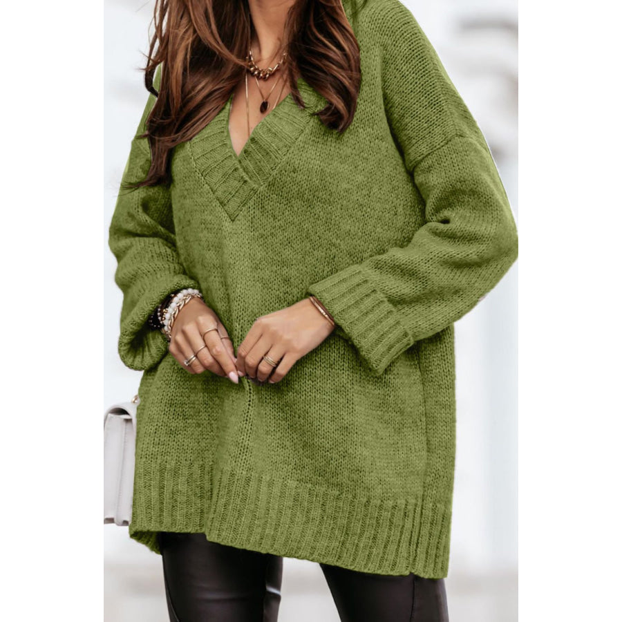 V-Neck Dropped Shoulder Sweater Matcha Green / S Apparel and Accessories