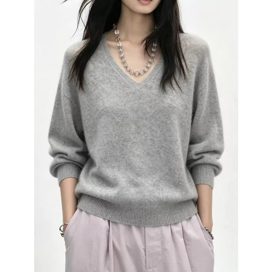 V-Neck Dropped Shoulder Sweater Milky Silver Gray / One Size Apparel and Accessories