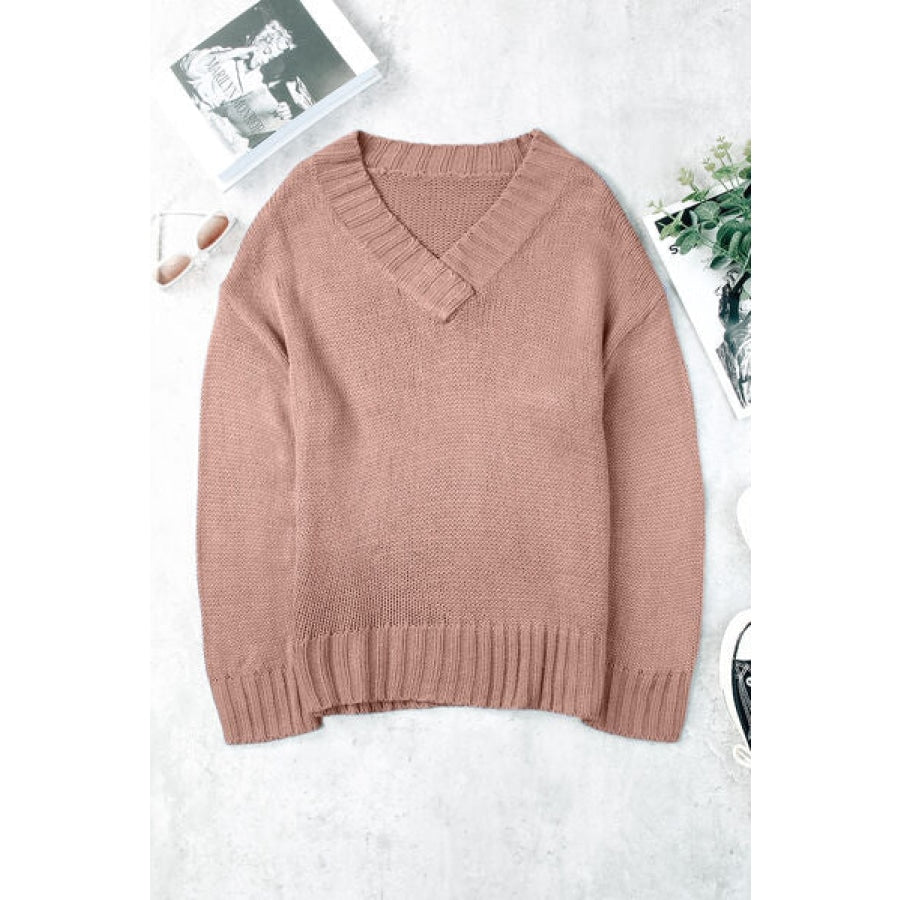 V-Neck Dropped Shoulder Sweater Peach / S Clothing