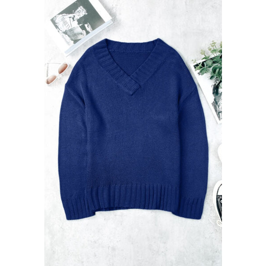 V-Neck Dropped Shoulder Sweater Royal Blue / S Clothing