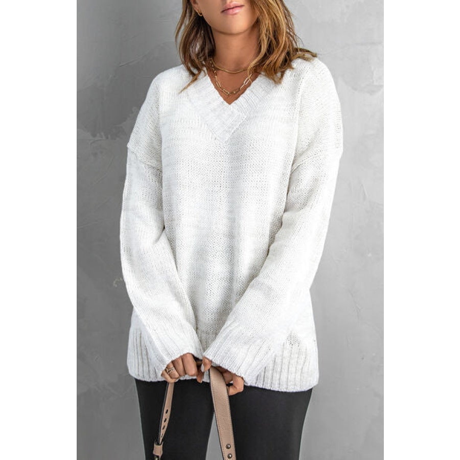 V-Neck Dropped Shoulder Sweater White / S Clothing