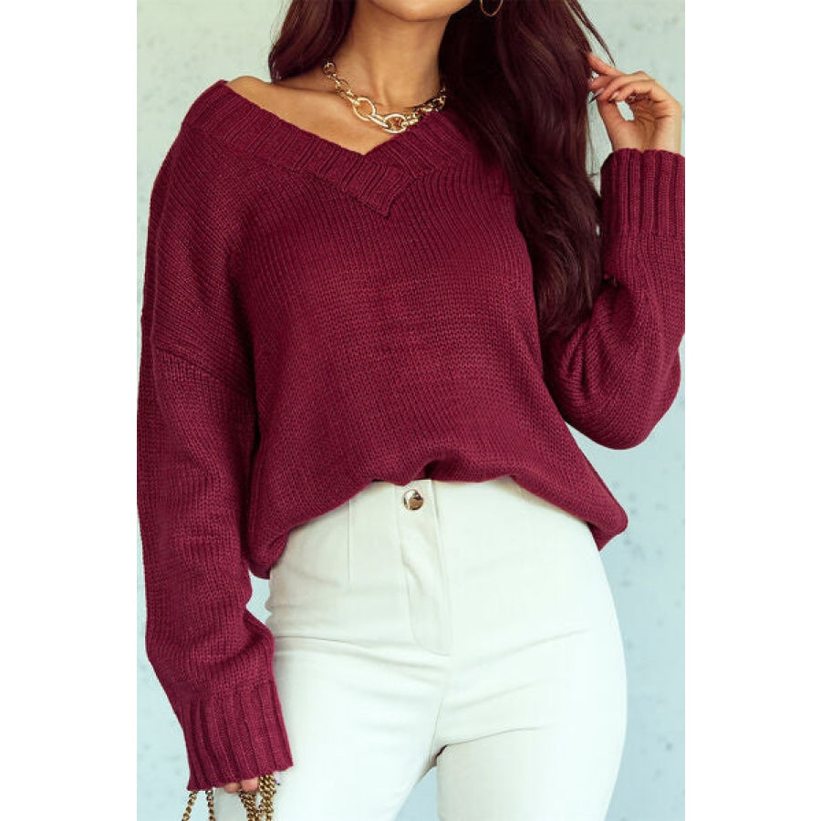 V-Neck Dropped Shoulder Sweater Wine / S Clothing