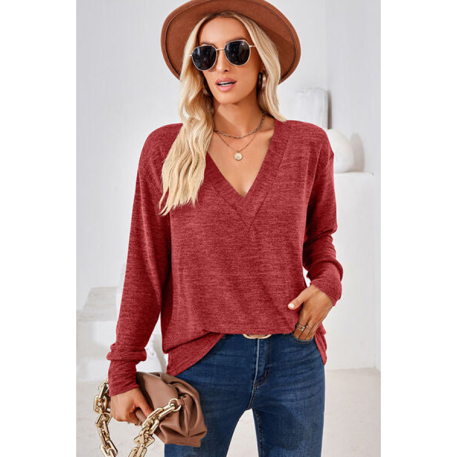 V - Neck Dropped Shoulder T - Shirt Brick Red / S Apparel and Accessories