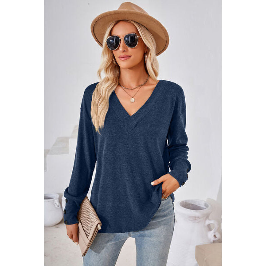 V - Neck Dropped Shoulder T - Shirt Dusty Blue / S Apparel and Accessories