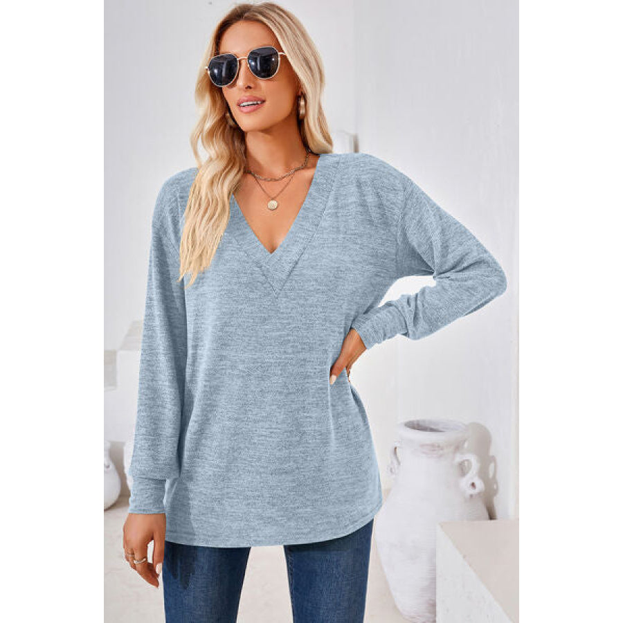 V - Neck Dropped Shoulder T - Shirt Misty Blue / S Apparel and Accessories