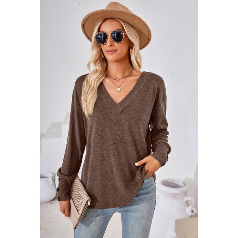 V - Neck Dropped Shoulder T - Shirt Taupe / S Apparel and Accessories