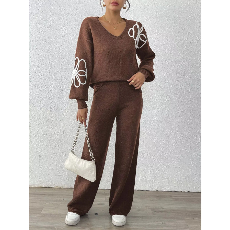 V-Neck Dropped Shoulder Top and Pants Sweater Set Apparel and Accessories