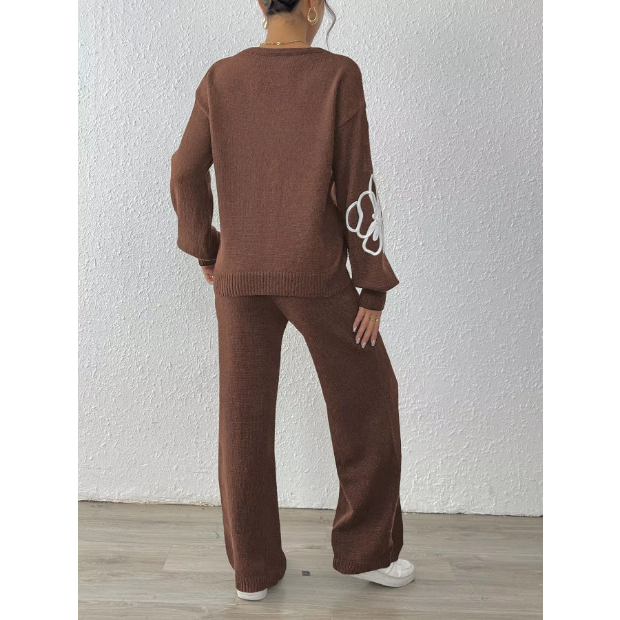 V-Neck Dropped Shoulder Top and Pants Sweater Set Apparel and Accessories
