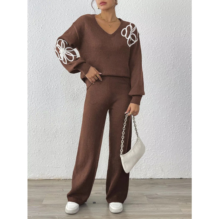 V-Neck Dropped Shoulder Top and Pants Sweater Set Brown / S Apparel and Accessories