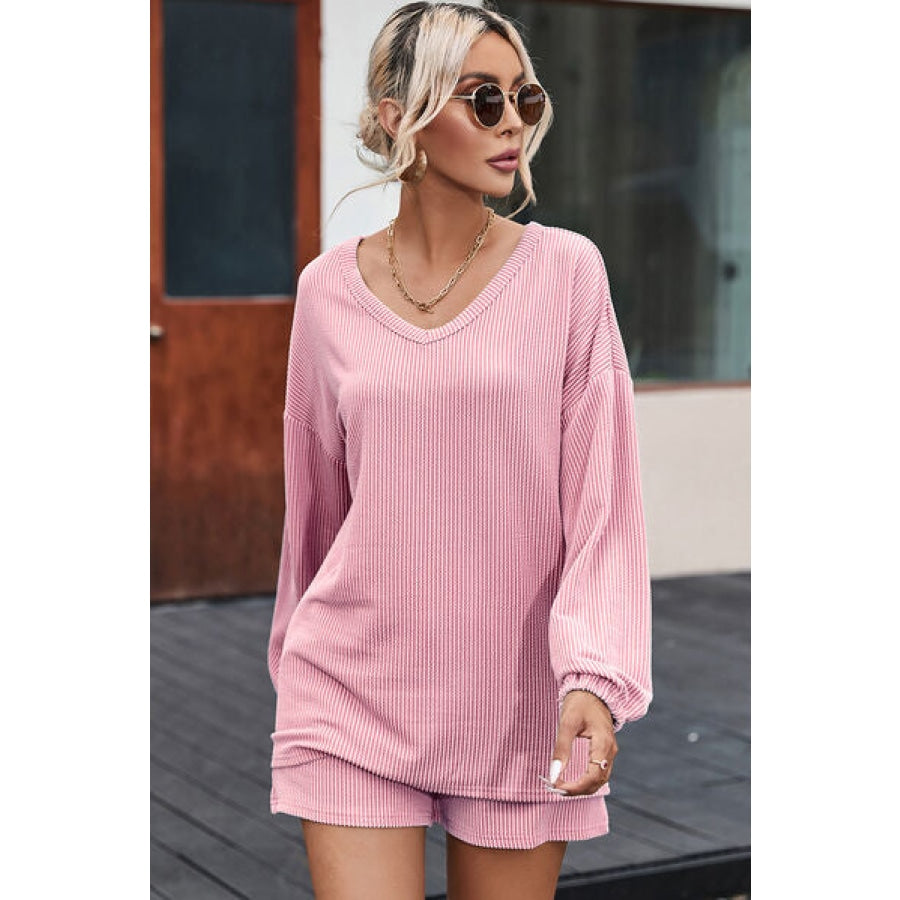 V-Neck Dropped Shoulder Top and Shorts Set Blush Pink / S Clothing