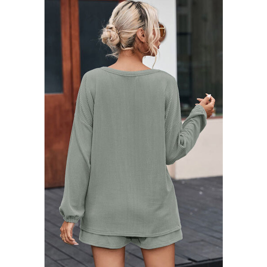 V-Neck Dropped Shoulder Top and Shorts Set Sage / S Clothing