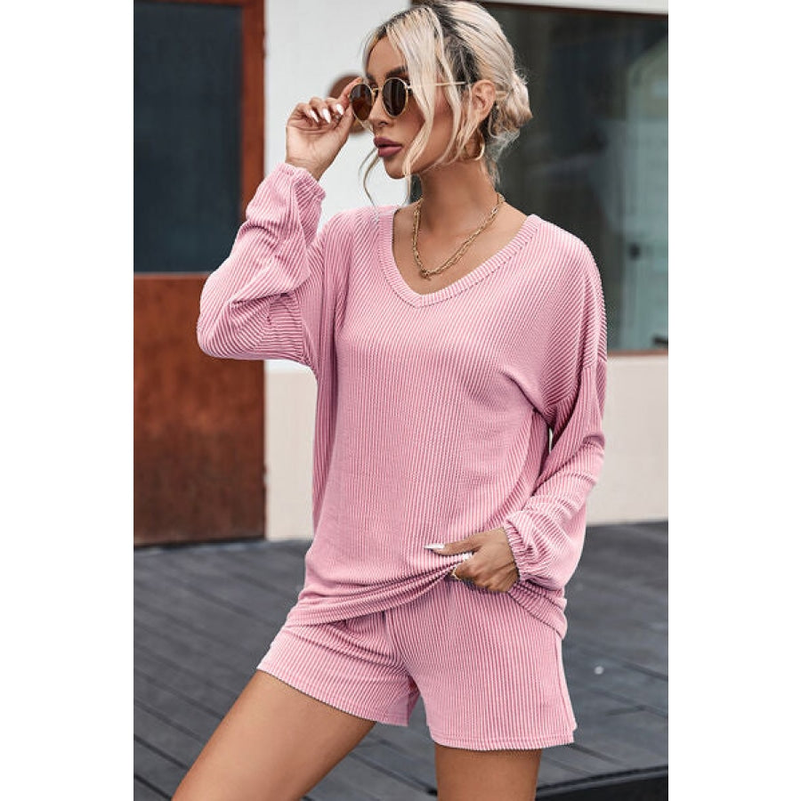 V-Neck Dropped Shoulder Top and Shorts Set Clothing