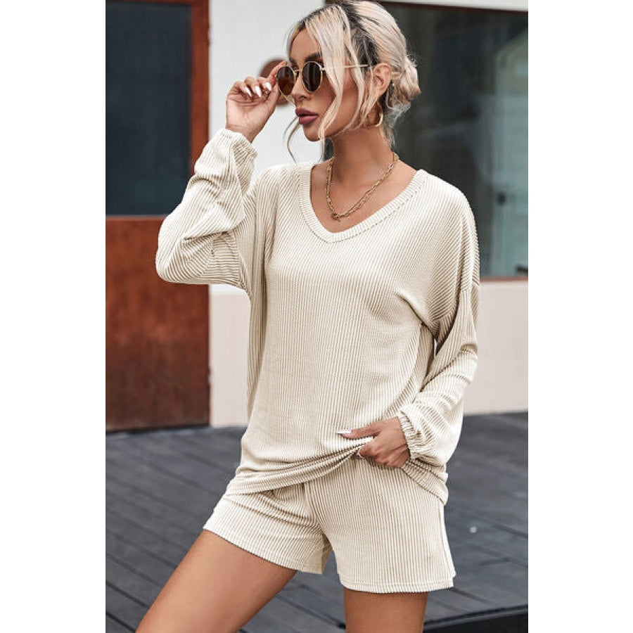 V-Neck Dropped Shoulder Top and Shorts Set Clothing